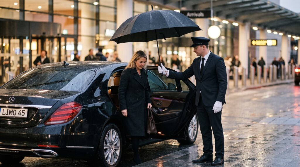 Close protection chauffeur detail beside a luxury car