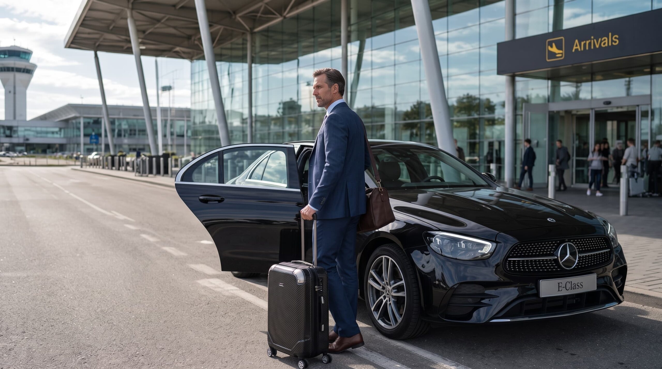 London City Airport chauffeur waiting with a Mercedes on the terminal forecourt