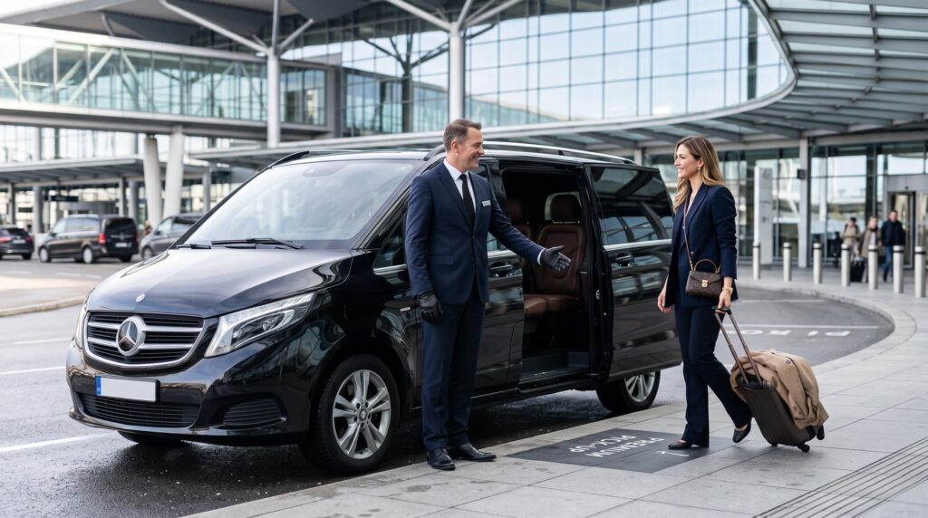 Airport chauffeur greeting a passenger in London arrivals