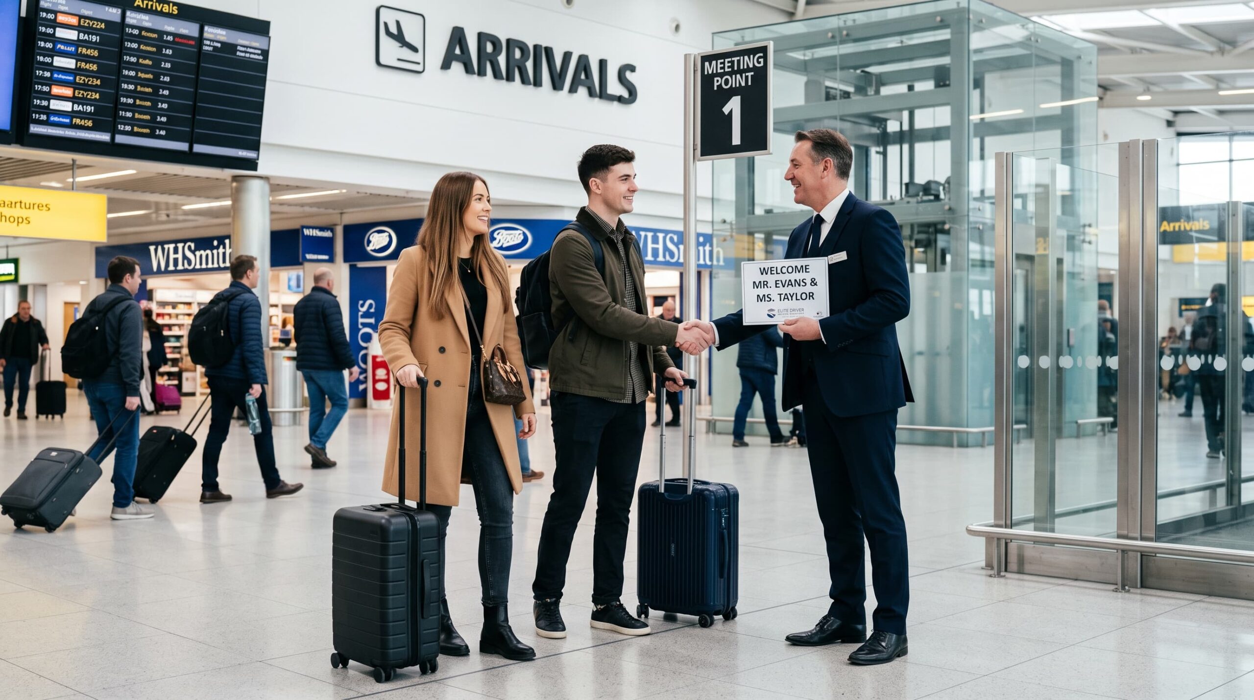 Chauffeur greeting passengers in Luton Airport arrivals
