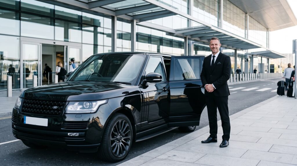 Executive chauffeur waiting beside a car in the City of London