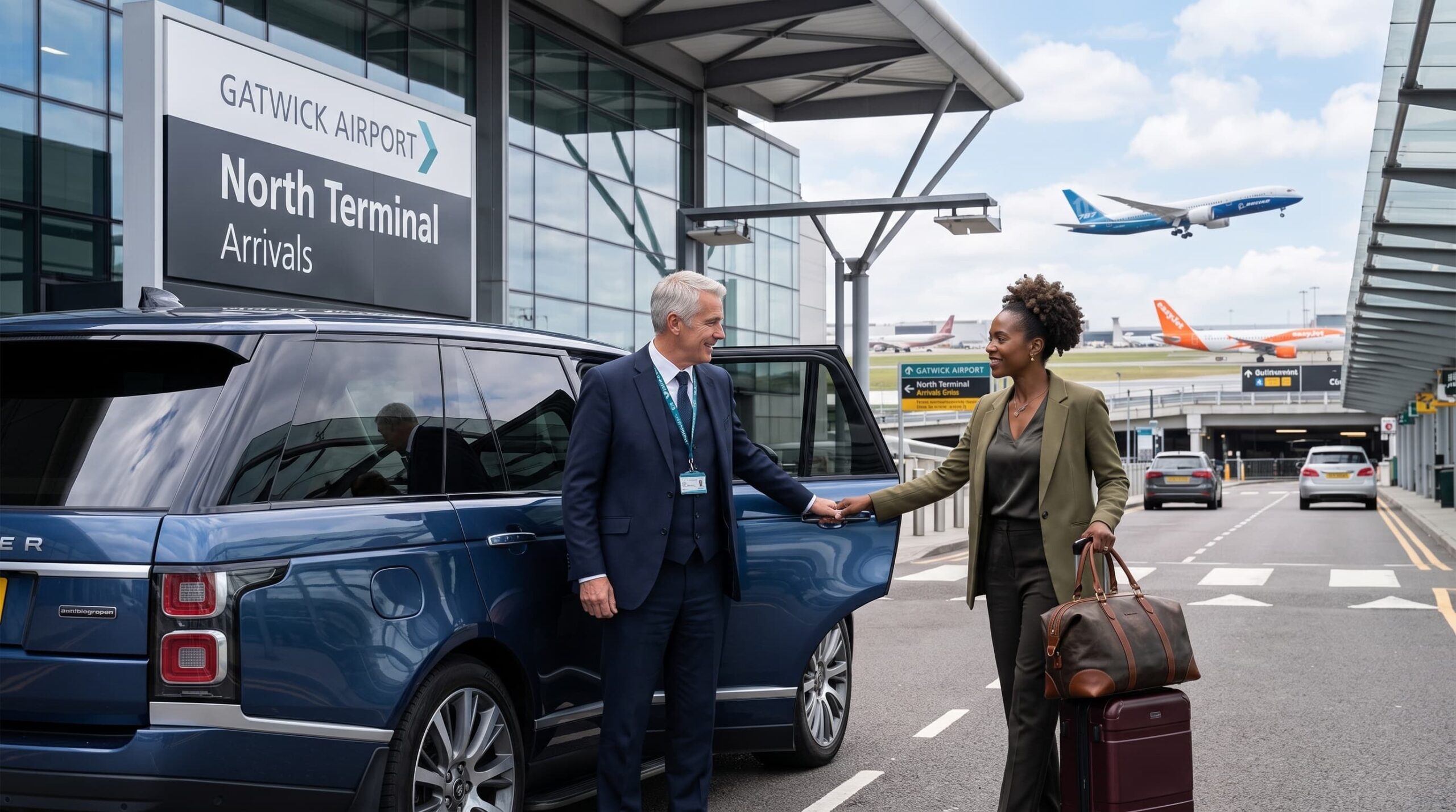Chauffeur greeting passengers at Gatwick Airport South Terminal