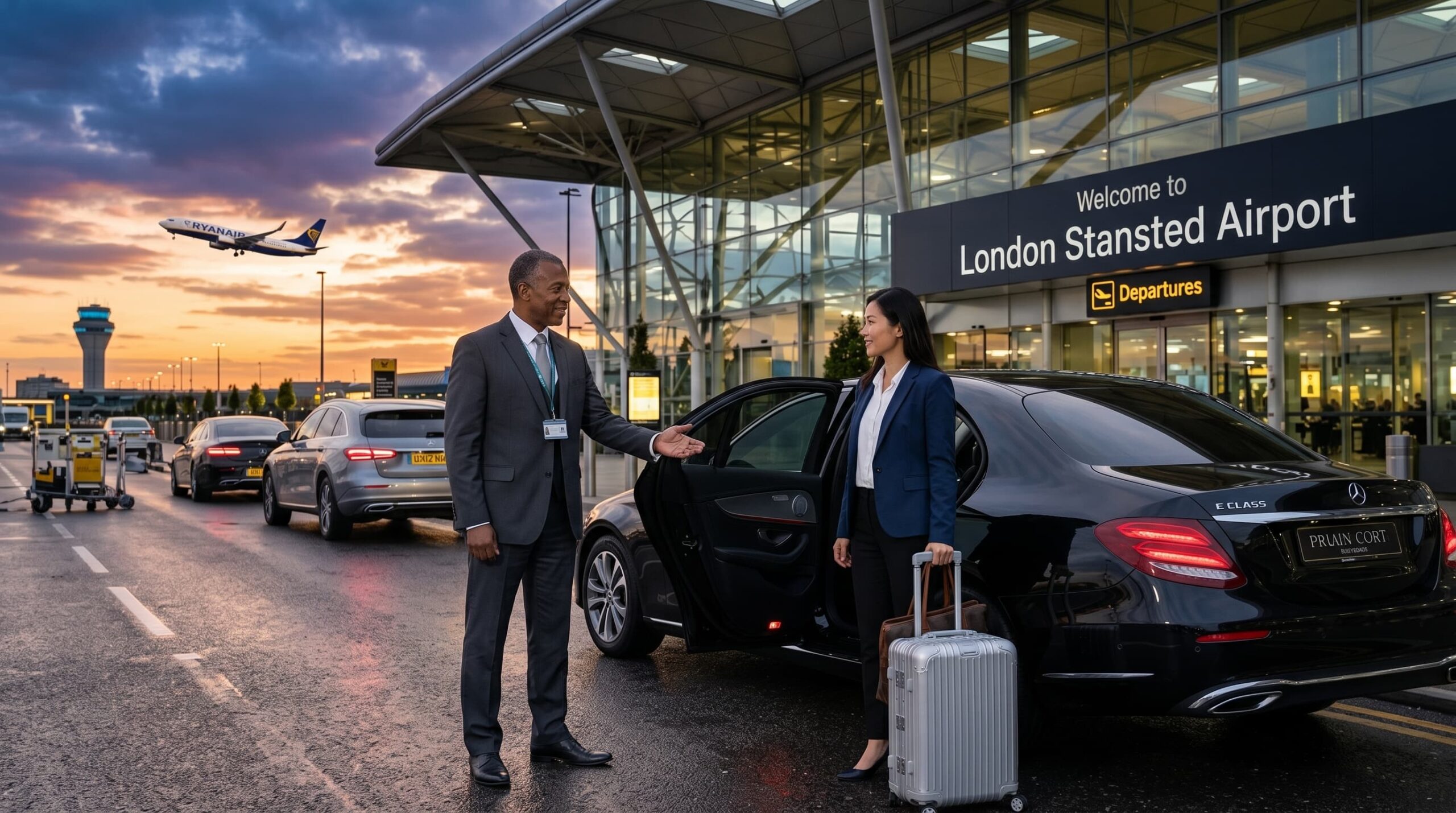 Chauffeur driven car on the Stansted Airport forecourt