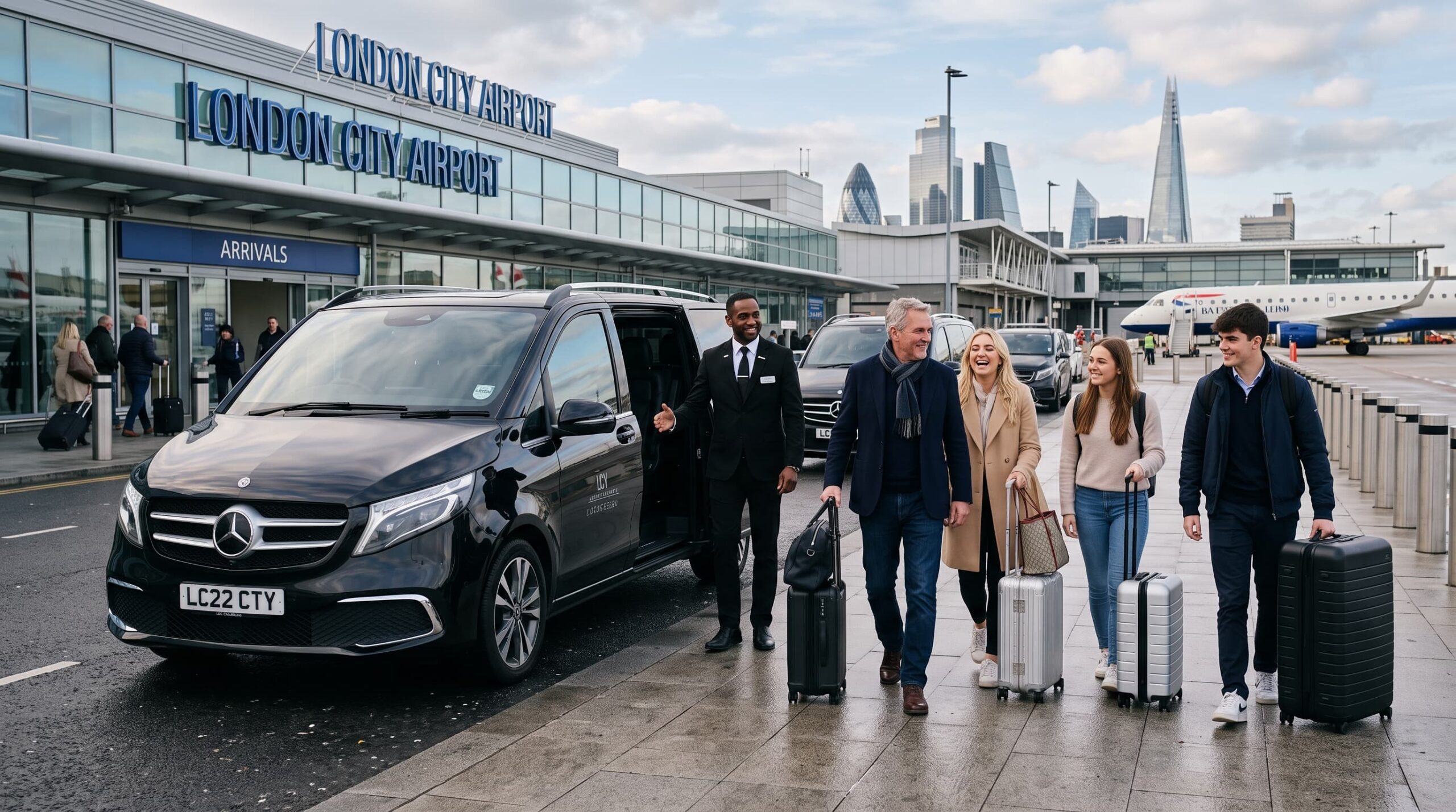Chauffeur driven car meeting a private jet at a London terminal