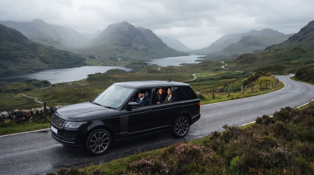 Chauffeur driving a Range Rover through central London