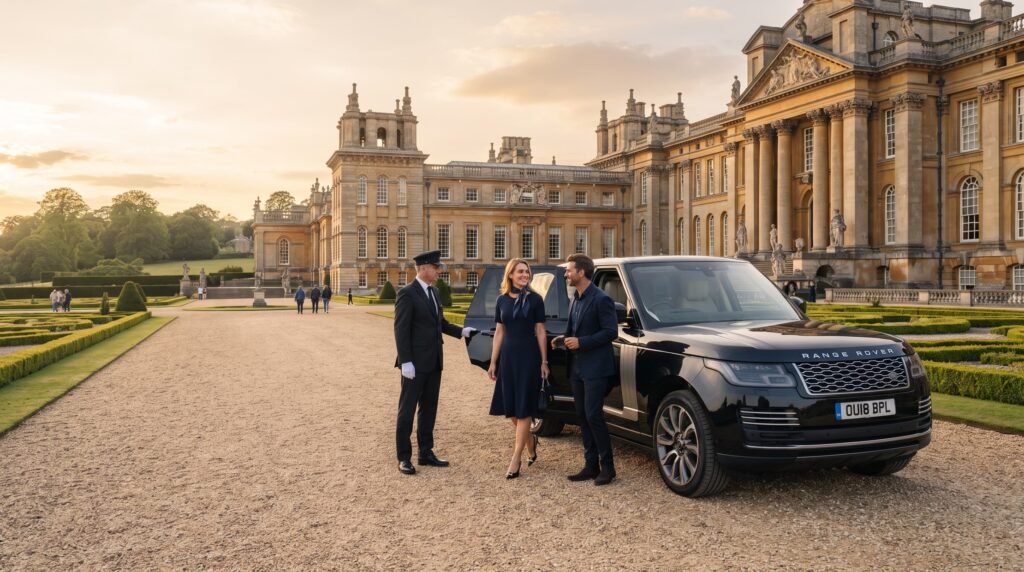 London chauffeur opening the rear door of a Range Rover
